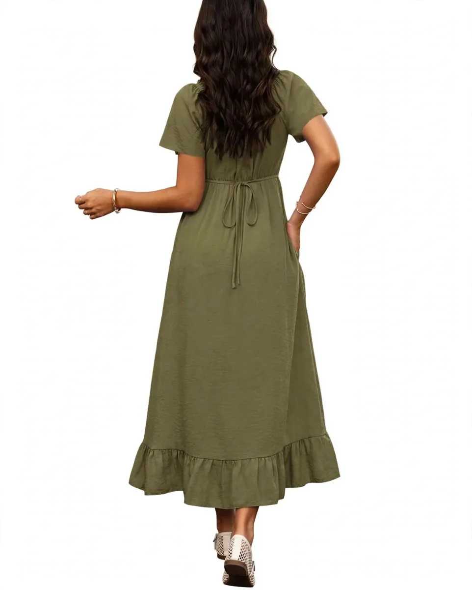 BTFBM women's short sleeve V neck drawstring A-line maxi dress in army green