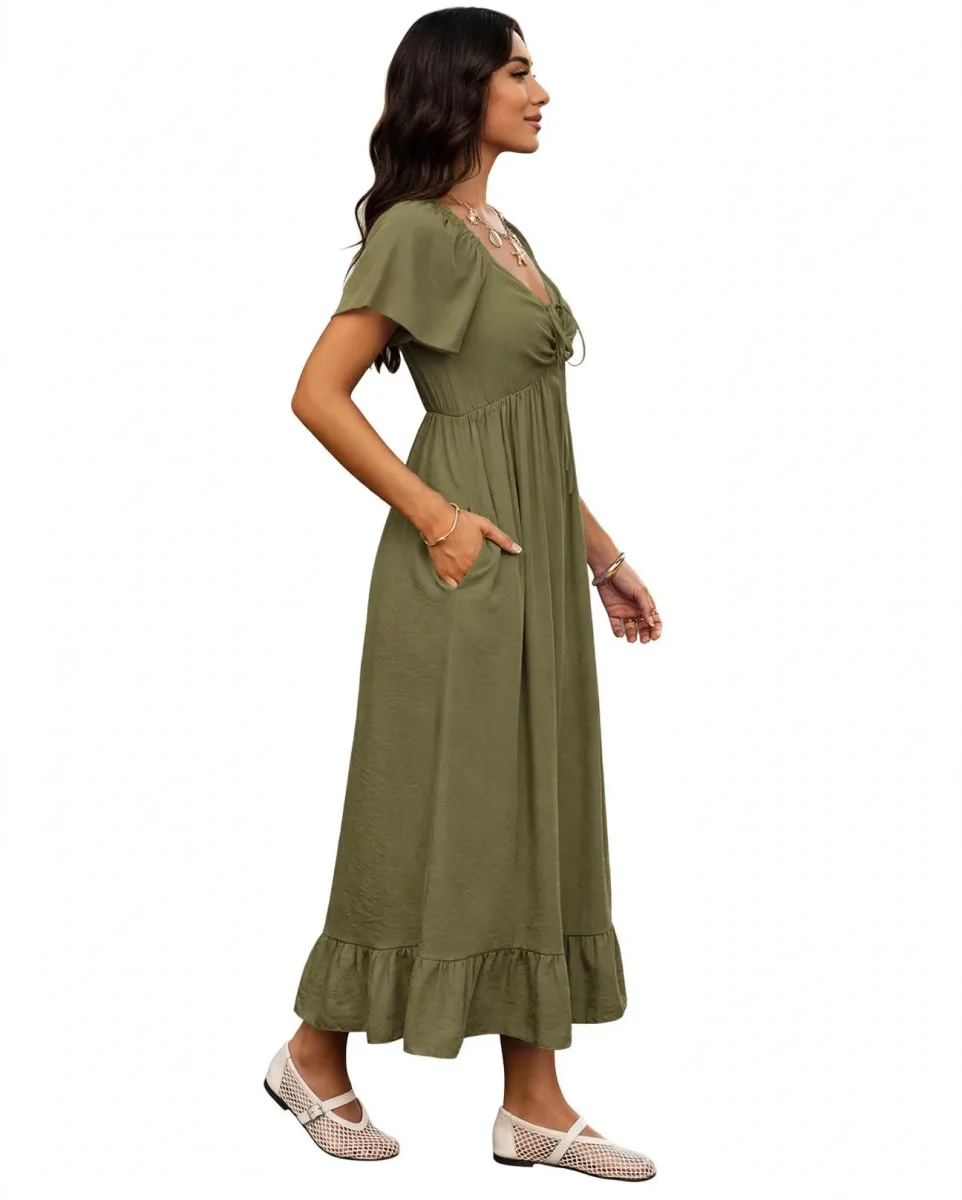 BTFBM women's short sleeve V neck drawstring A-line maxi dress in army green