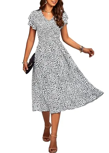 BTFBM Women's Smocked Midi Dress in Floral Black with short ruffle sleeves and V-neckline