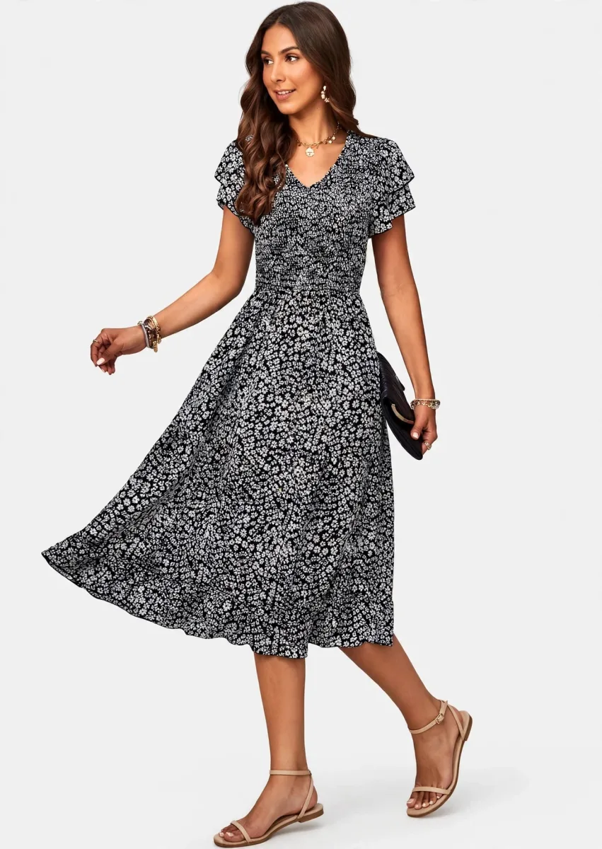 BTFBM Women's Smocked Midi Dress in Floral Black with short ruffle sleeves and V-neckline