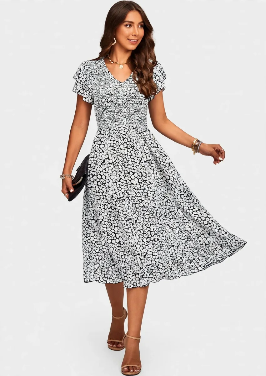 BTFBM Women's Smocked Midi Dress in Floral Black with short ruffle sleeves and V-neckline