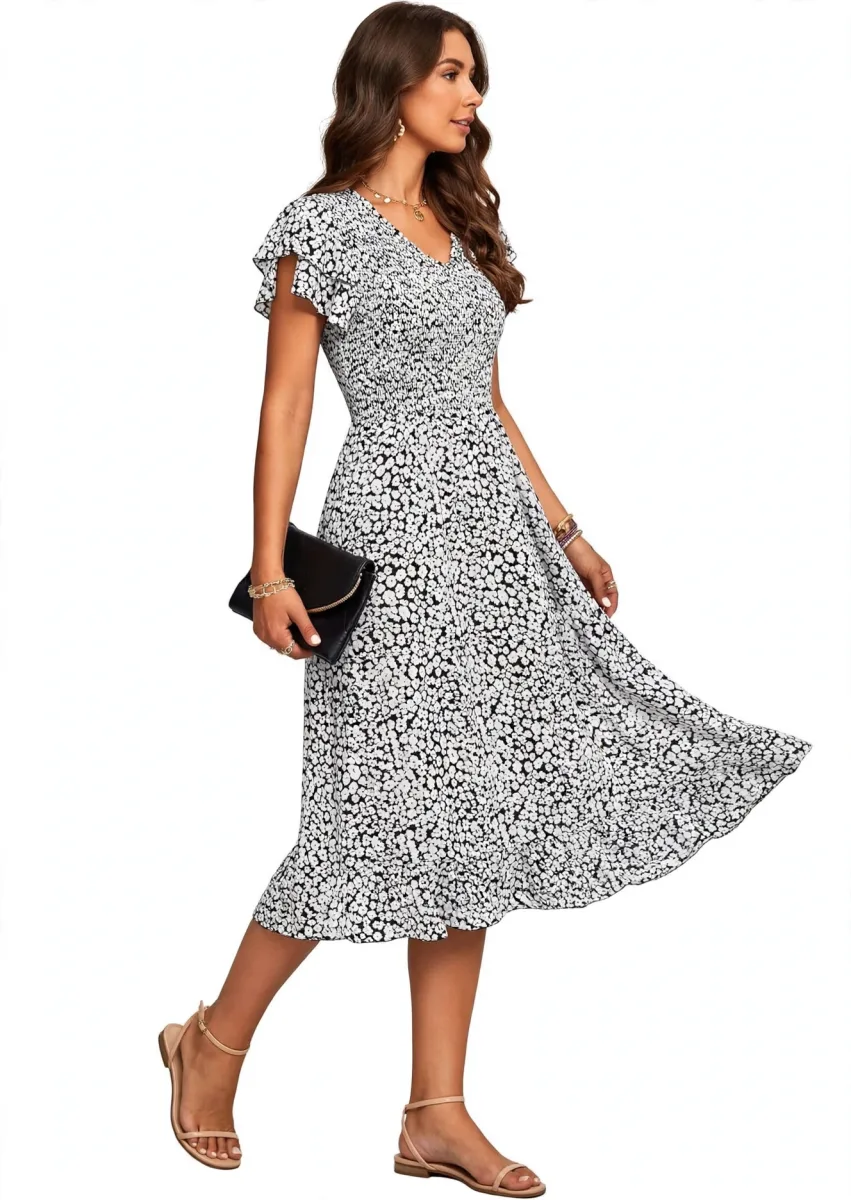 BTFBM Women's Smocked Midi Dress in Floral Black with short ruffle sleeves and V-neckline