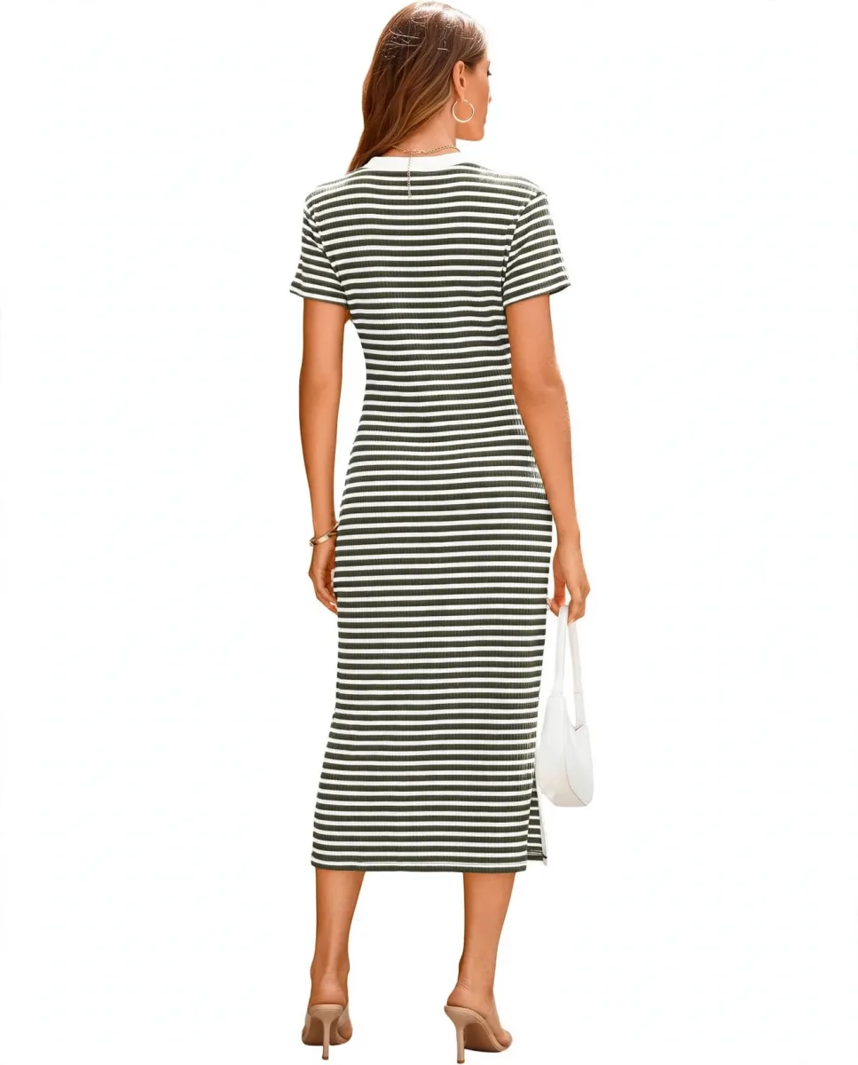 BTFBM Women's Striped Midi Dress in Army Green with short sleeves and decorative front buttons