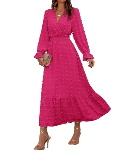 BTFBM Women's Long Sleeve Floral Wrap Dress in Solid Rose Red with flowing skirt