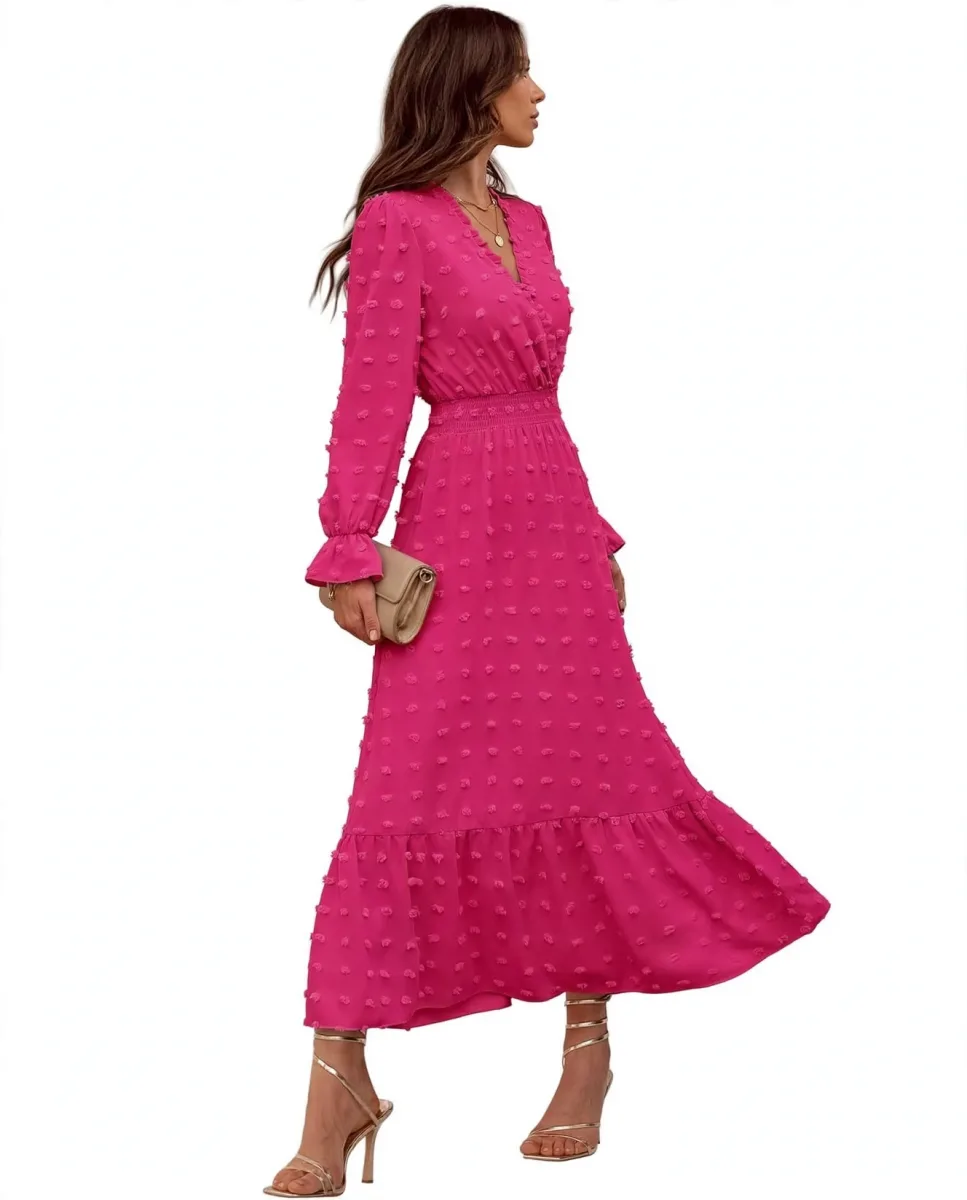 BTFBM Women's Long Sleeve Floral Wrap Dress in Solid Rose Red with flowing skirt
