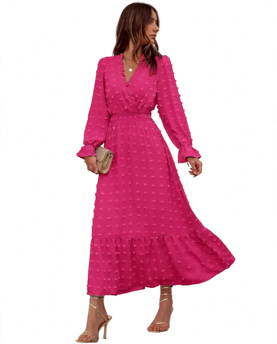 BTFBM Women's Long Sleeve Floral Wrap Dress in Solid Rose Red with flowing skirt