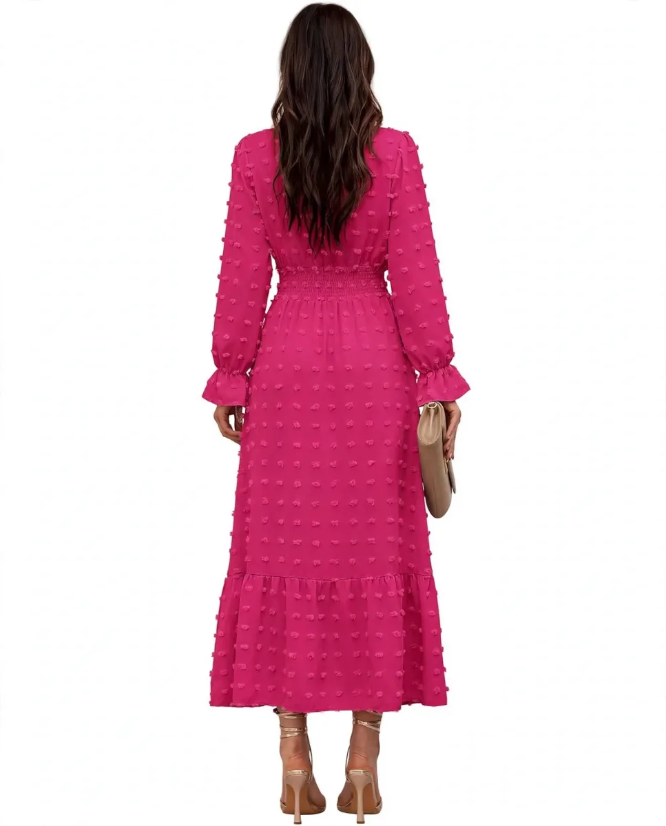 BTFBM Women's Long Sleeve Floral Wrap Dress in Solid Rose Red with flowing skirt
