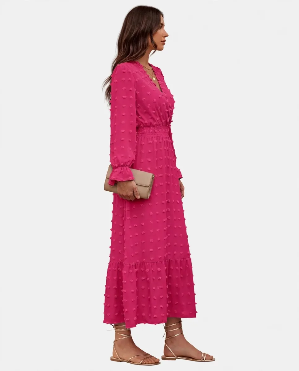 BTFBM Women's Long Sleeve Floral Wrap Dress in Solid Rose Red with flowing skirt
