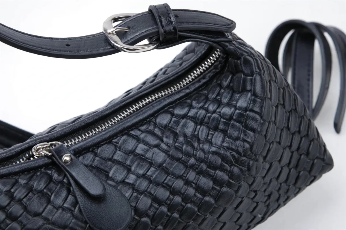 OREXINE small black woven shoulder bag with adjustable crossbody strap